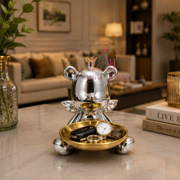 Royal Bear Silver Decorative Statue with Multipurpose Golden Tray