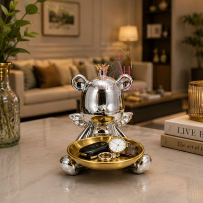 Royal Bear Silver Decorative Statue with Multipurpose Golden Tray