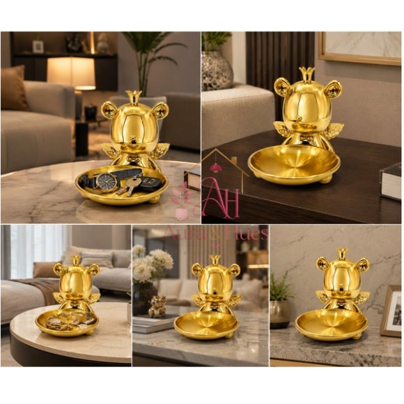 Royal Bear Golden Decorative Statue with Multipurpose Golden Tray
