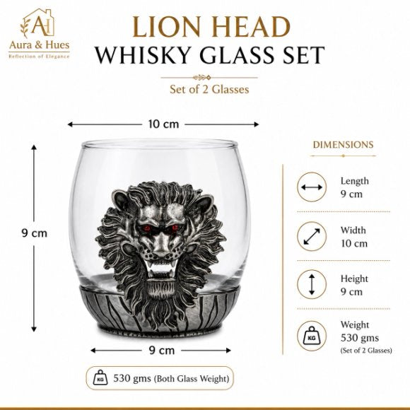 Premium Luxury Whisky Tumbler Glasses with Metal Lion Head & Base Set of 2, Designer Scotch, Bourbon & Cocktail Glasses