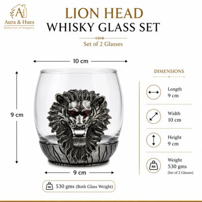 Premium Luxury Whisky Tumbler Glasses with Metal Lion Head & Base Set of 2, Designer Scotch, Bourbon & Cocktail Glasses