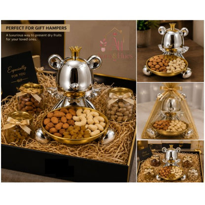 Royal Bear Silver Decorative Statue with Multipurpose Golden Tray