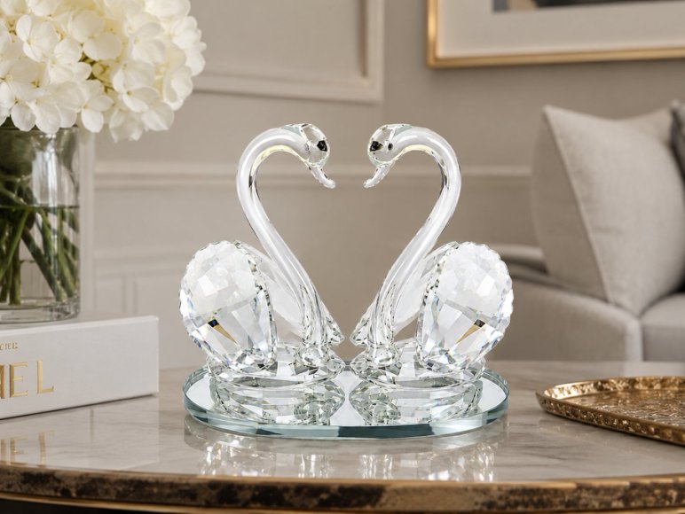 Crystal Swan Pair Showpiece with Mirrored Base