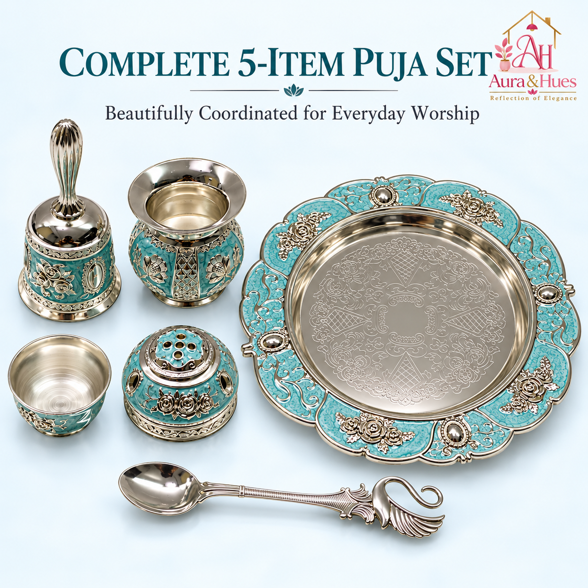 Aura & Hues Handcrafted Small Decorative Pooja Thali Gift Box Set with 5 Festive Accessories - Elegant Light Blue Enamel Finish (20.5 x 20.5 cm)