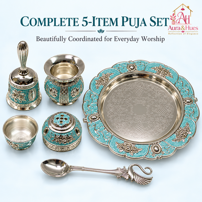 Aura & Hues Handcrafted Small Decorative Pooja Thali Gift Box Set with 5 Festive Accessories - Elegant Light Blue Enamel Finish (20.5 x 20.5 cm)