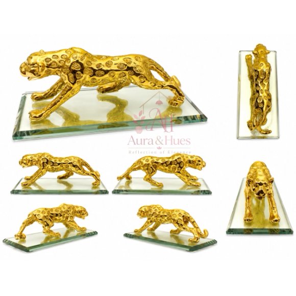 Royal Beast Golden Jaguar With Glass Decorative Showpiece