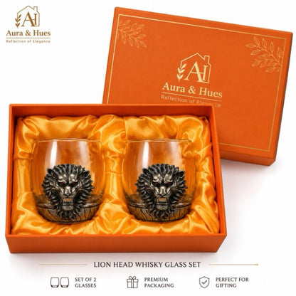 Premium Luxury Whisky Tumbler Glasses with Metal Lion Head & Base Set of 2, Designer Scotch, Bourbon & Cocktail Glasses