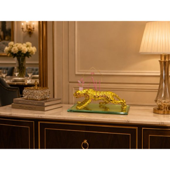 Royal Beast Golden Jaguar With Glass Decorative Showpiece
