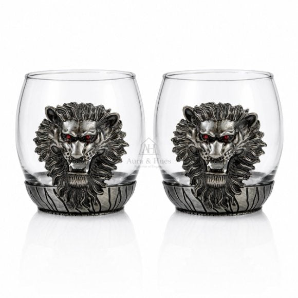 Premium Luxury Whisky Tumbler Glasses with Metal Lion Head & Base Set of 2, Designer Scotch, Bourbon & Cocktail Glasses
