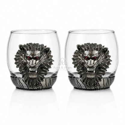 Premium Luxury Whisky Tumbler Glasses with Metal Lion Head & Base Set of 2, Designer Scotch, Bourbon & Cocktail Glasses