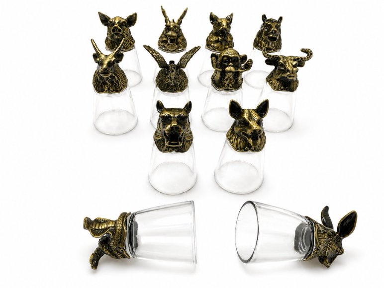 Luxury Animal Head Shot Glass Set with Black Gift Box, Premium Antique Finish Barware
