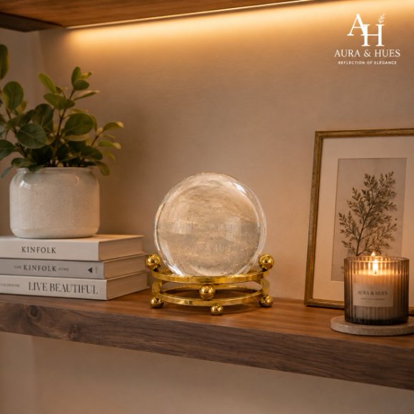 Crystal Clarity Ball with Golden Stand, Premium Crystal Glass Sphere Decorative Showpiece