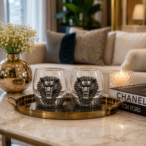 Premium Luxury Whisky Tumbler Glasses with Metal Lion Head & Base Set of 2, Designer Scotch, Bourbon & Cocktail Glasses