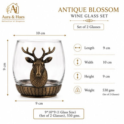 Premium Luxury Whisky Tumbler Glasses with Metal Deer Head & Base Set of 2, Designer Scotch, Bourbon & Cocktail Glasses