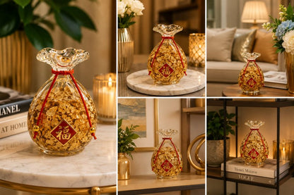 Premium Luxury Gold Leaf Filled Glass Luck/ Fortune Bag Showpiece with 24K Gold Leaf, Feng Shui Wealth Décor