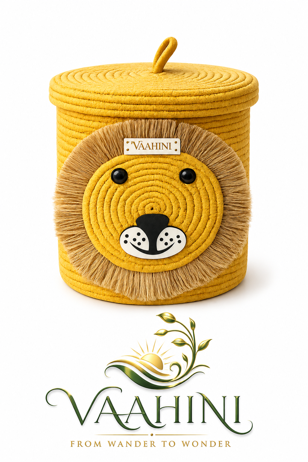 Vaahini Cotton Rope Yellow Lion Face Basket with lid