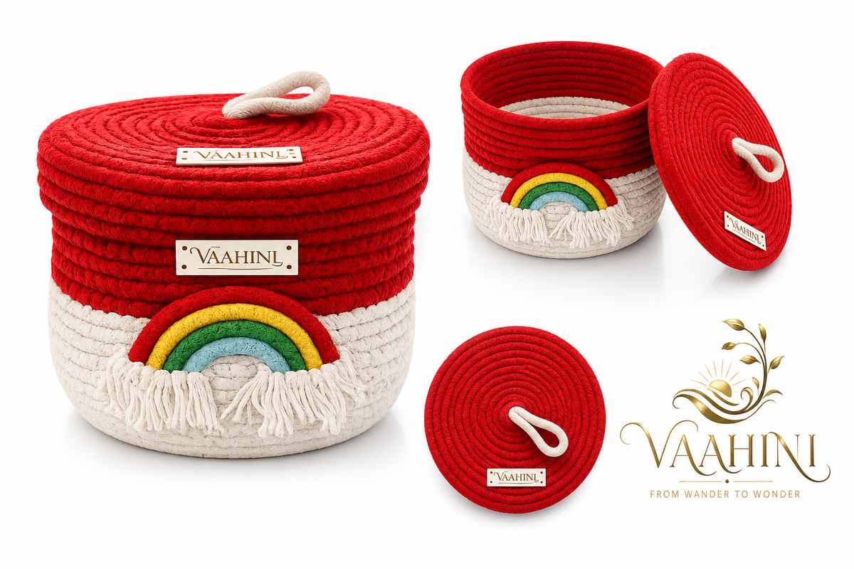 Vaahini Rainbow Cotton Rope Basket with Lid - Red White - Front View
