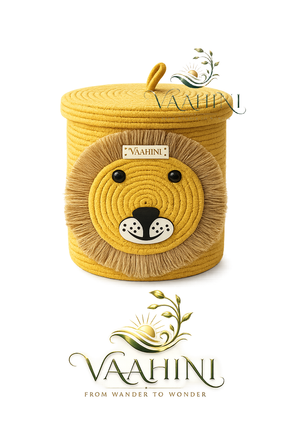 Vaahini Cotton Rope Yellow Lion Face Basket with lid