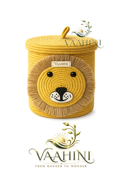 Vaahini Cotton Rope Yellow Lion Face Basket with lid