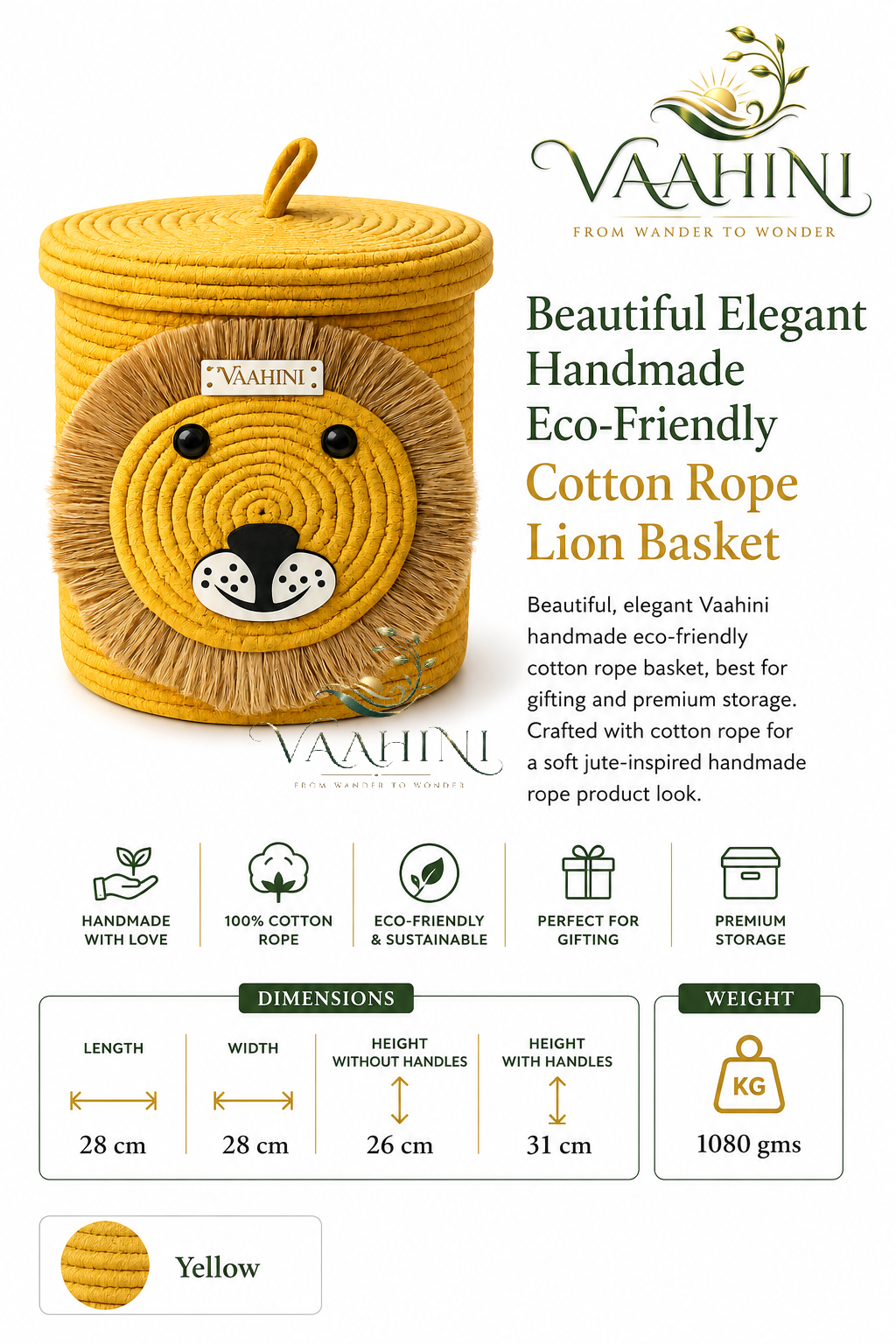 Vaahini Cotton Rope Yellow Lion Face Basket with lid
