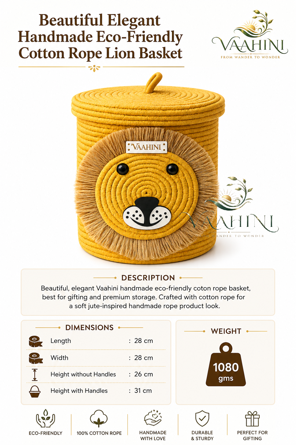 Vaahini Cotton Rope Yellow Lion Face Basket with lid