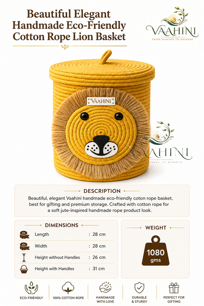 Vaahini Cotton Rope Yellow Lion Face Basket with lid