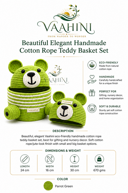 Vaahini Cotton Rope Teddy Basket with Lid - Parrot Green