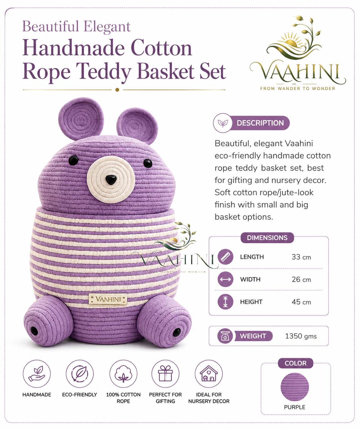 Vaahini Cotton Rope Teddy Basket Purple - Multiple Views