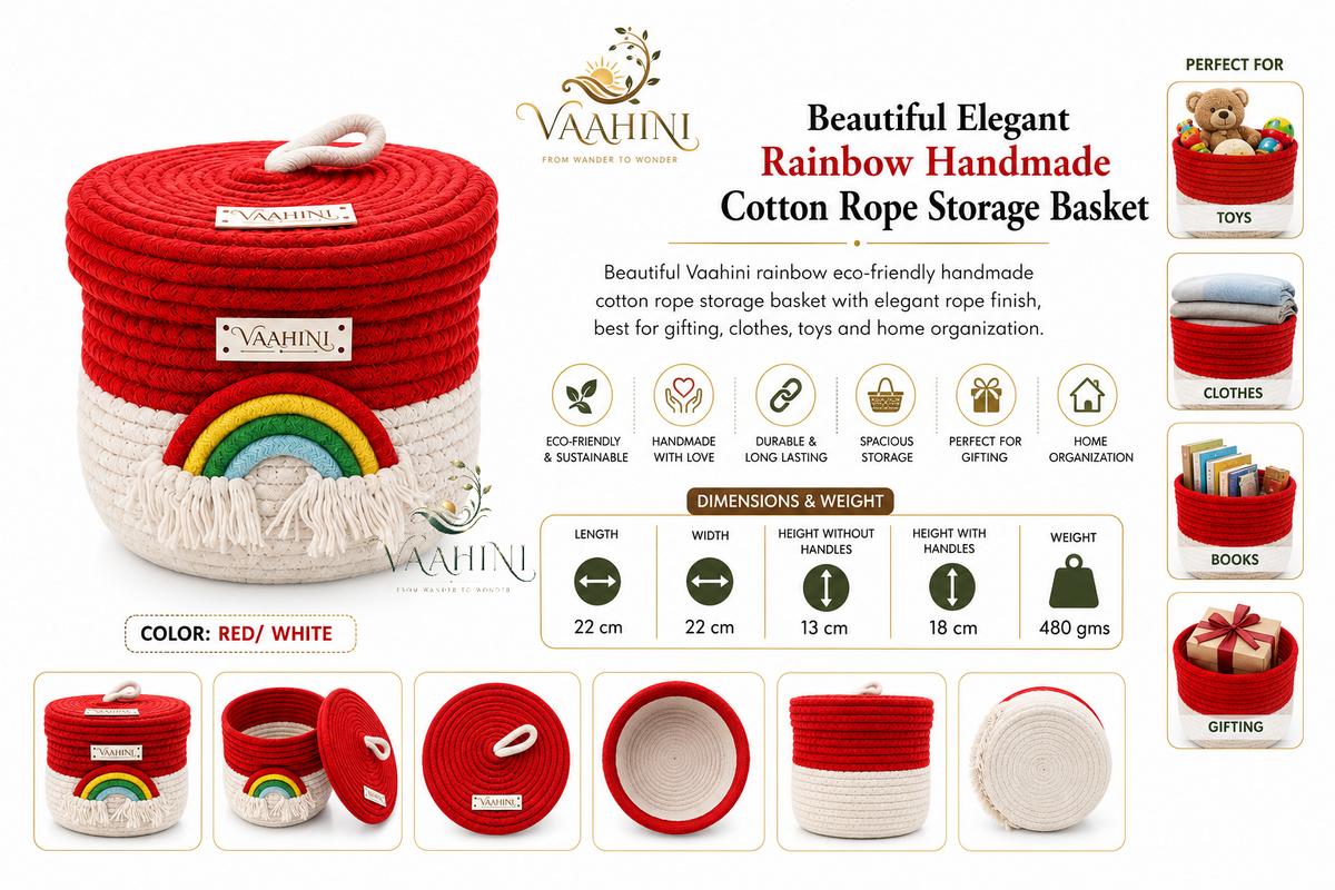 Vaahini Rainbow Cotton Rope Basket - Dimensions and Features Infographic