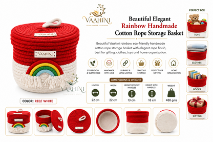 Vaahini Rainbow Cotton Rope Basket - Dimensions and Features Infographic