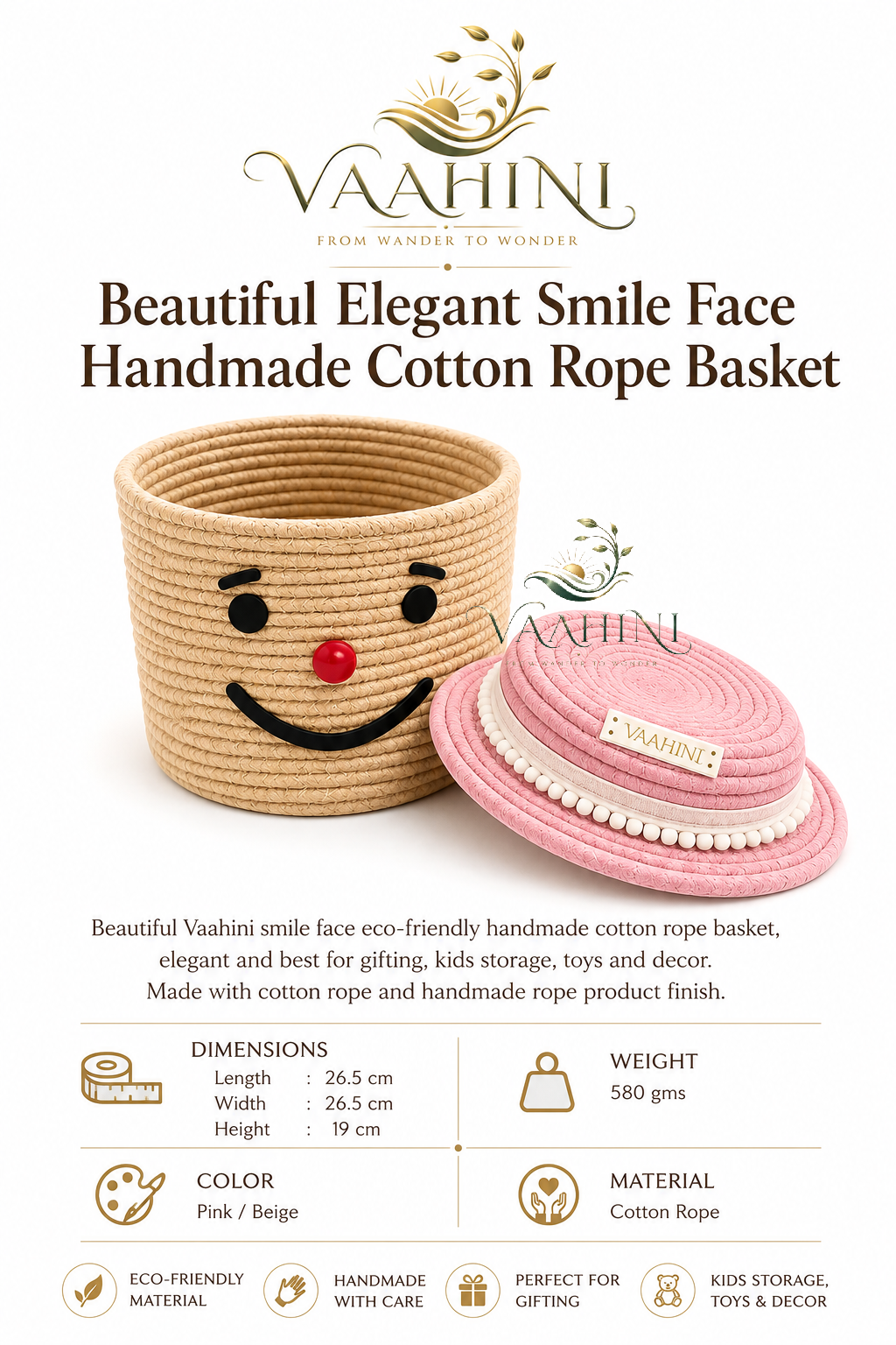 Vaahini Cotton Rope Smile Face Basket with lid