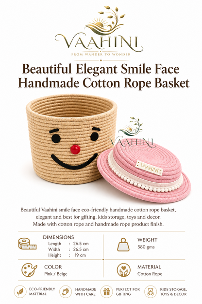 Vaahini Cotton Rope Smile Face Basket with lid