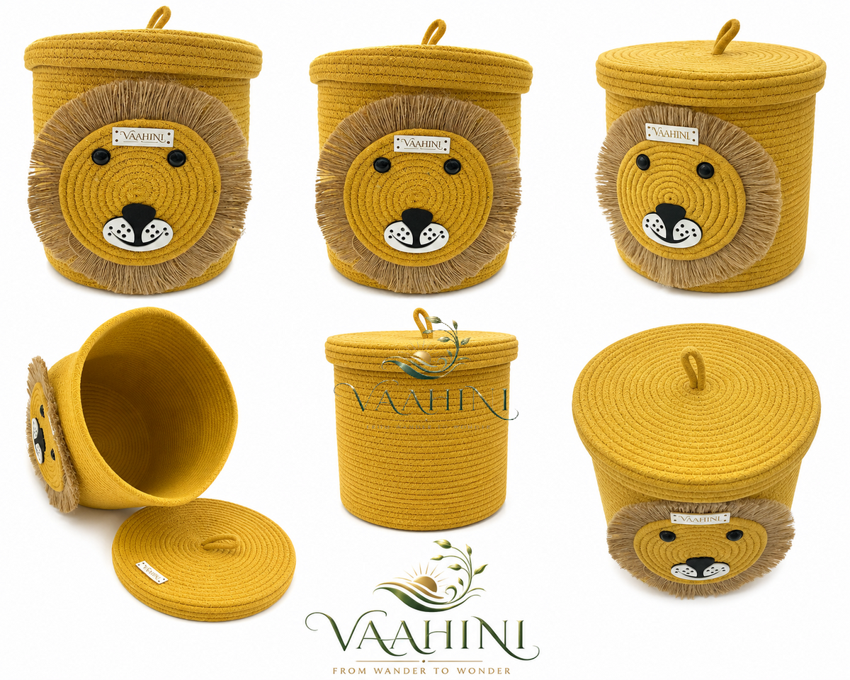 Vaahini Cotton Rope Yellow Lion Face Basket with lid