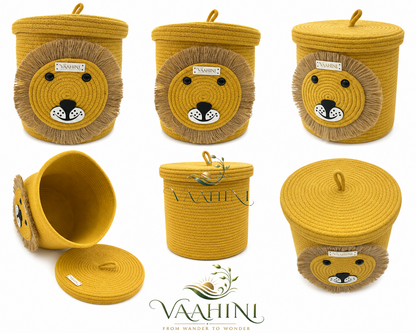 Vaahini Cotton Rope Yellow Lion Face Basket with lid