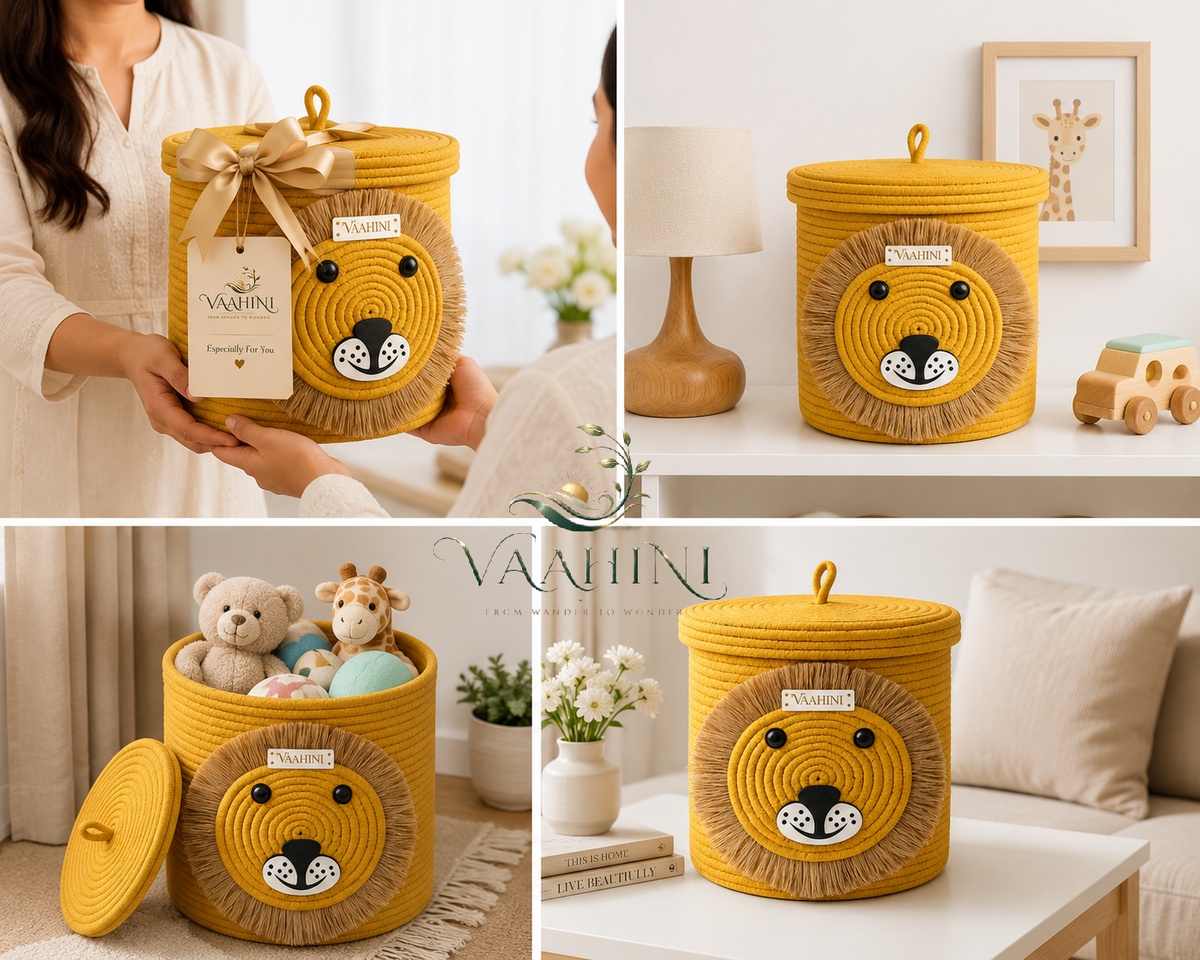 Vaahini Cotton Rope Yellow Lion Face Basket with lid
