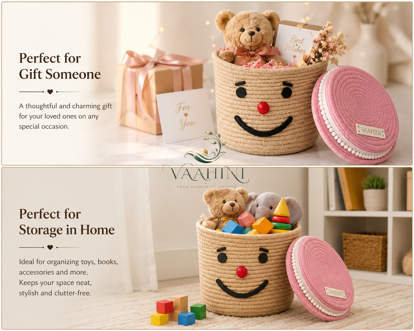 Vaahini Cotton Rope Smile Face Basket with lid