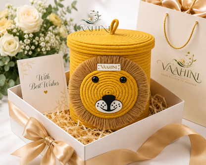 Vaahini Cotton Rope Yellow Lion Face Basket with lid