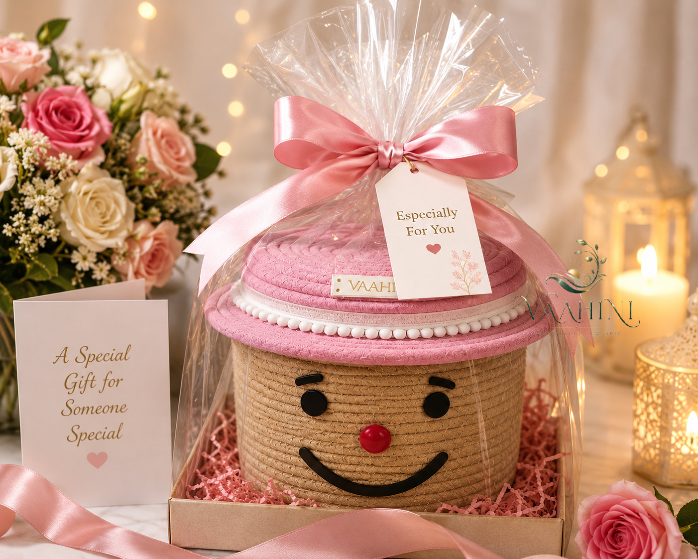 Vaahini Cotton Rope Smile Face Basket with lid
