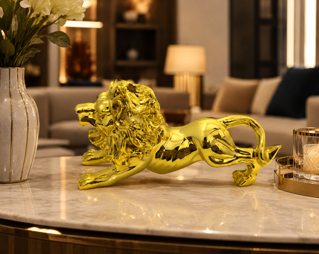 Royal Golden Lion Showpiece for Home Decor, Premium Metallic Finish