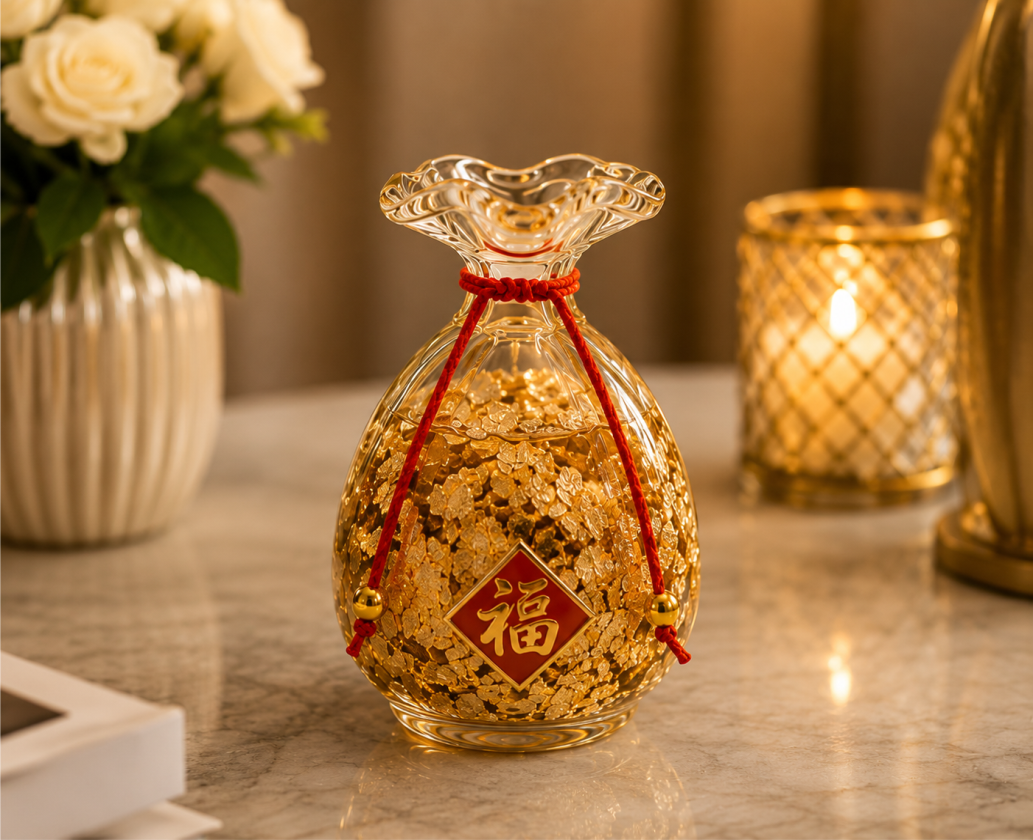 Premium Luxury Gold Leaf Filled Glass Luck/ Fortune Bag Showpiece with 24K Gold Leaf, Feng Shui Wealth Décor