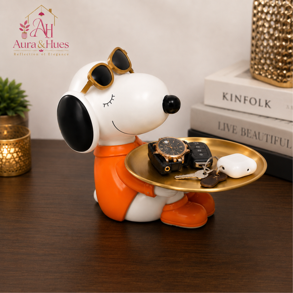 Cute Snoopy Inspired Dog Figurine Showpiece with Metal Tray