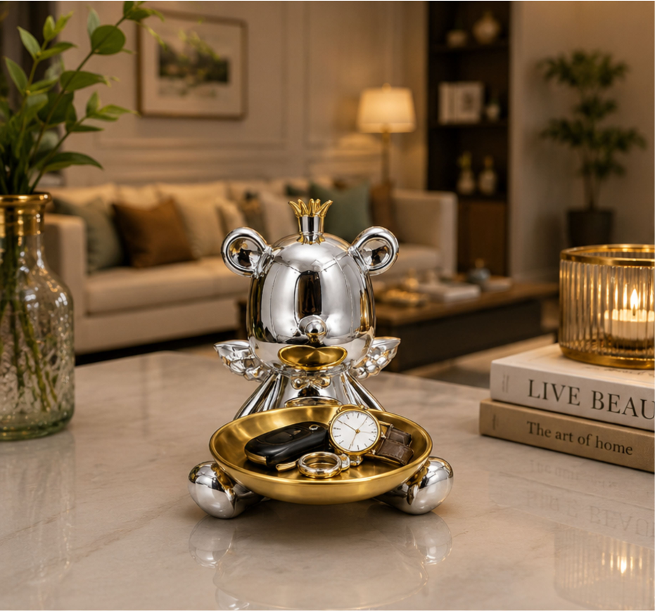 Royal Bear Silver Decorative Statue with Multipurpose Golden Tray