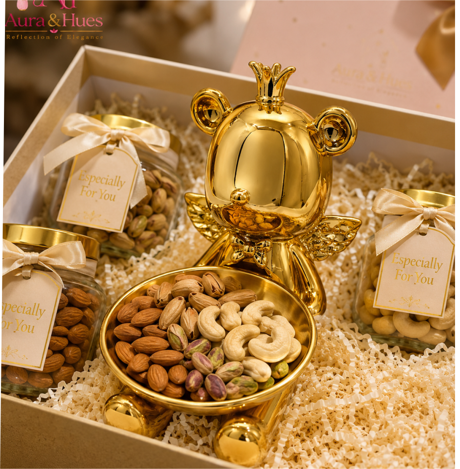 Royal Bear Golden Decorative Statue with Multipurpose Golden Tray