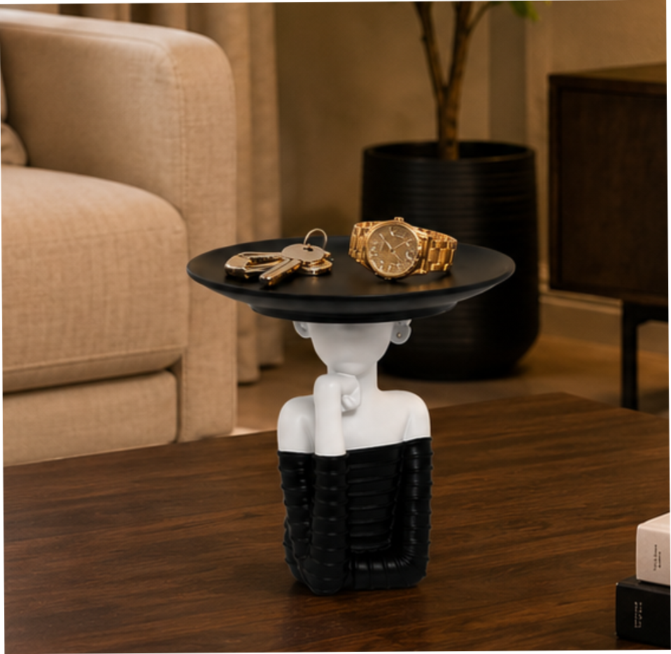 Modern Decorative Tray Showpiece with Figurine Base – Black and white resin figurine holding a round tray with keys and watch