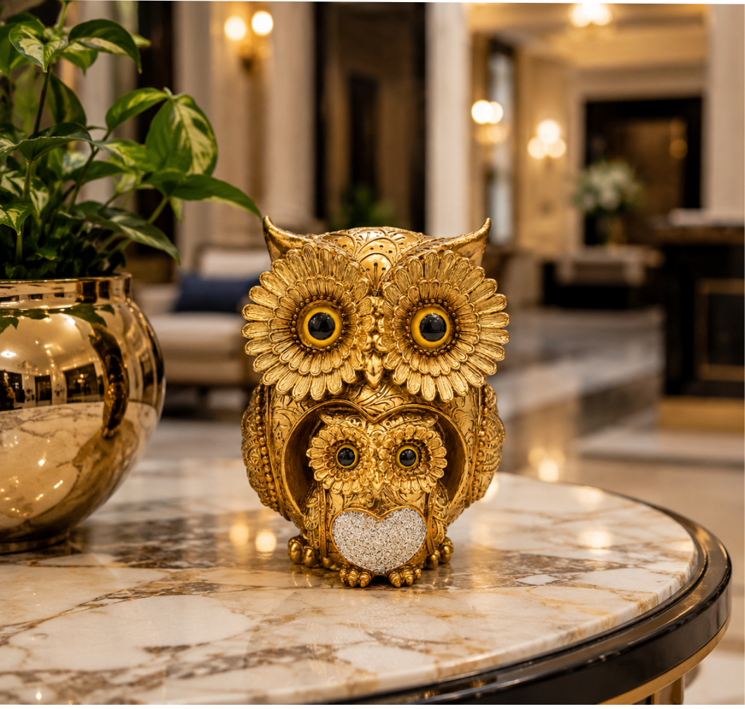 Aura & Hues Golden Mother & Baby Owl Decorative Showpiece | Premium Resin Home Décor Statue