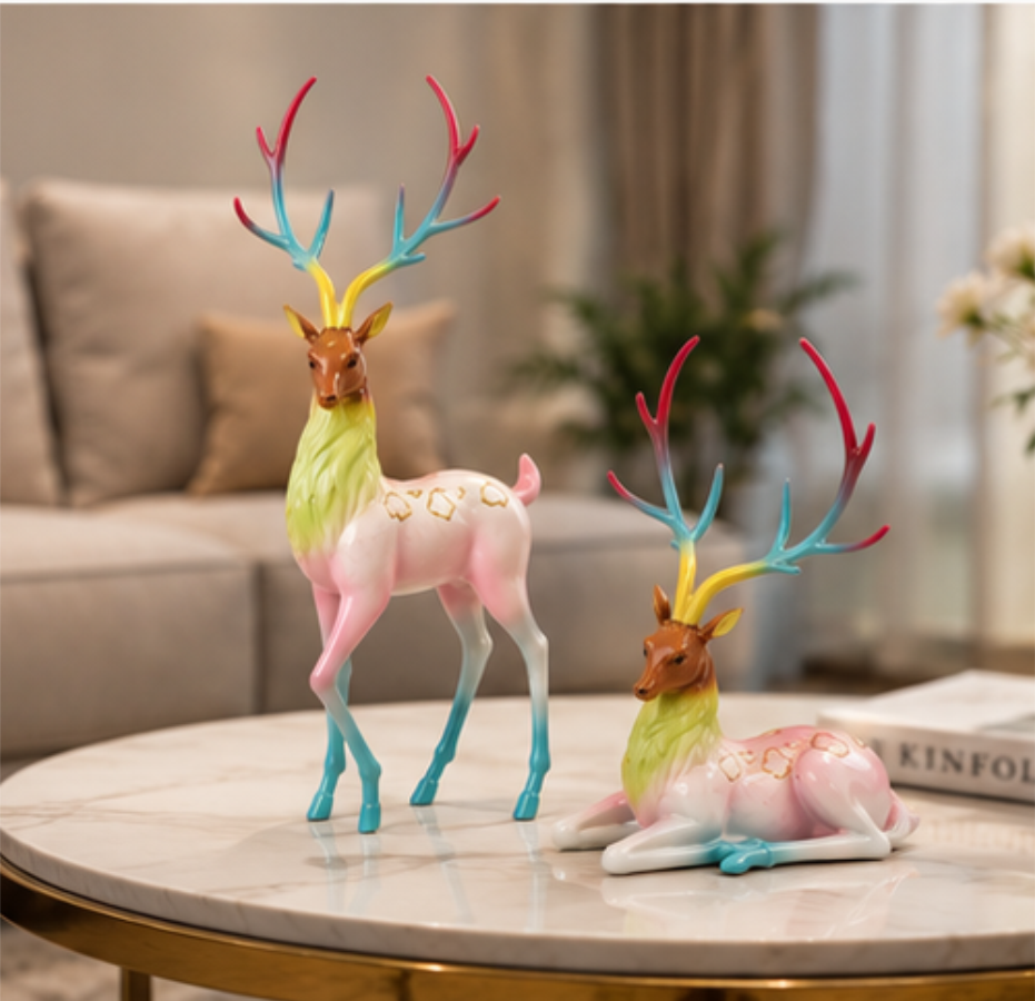 Premium Deer Figurine Set, Elegant Multicolor Resin Deer Showpiece Pair for Home Décor