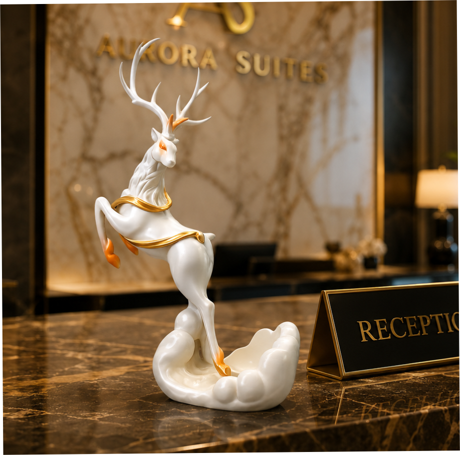 Luxury Decorative Rearing Deer Statue, Premium White & Gold Resin Deer Figurine