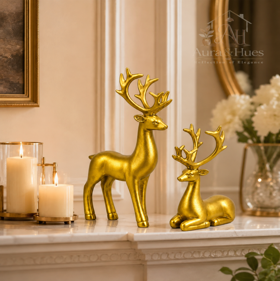 Luxury Golden Deer Pair Showpiece Set, Premium Resin Deer Figurines with Golden Antlers