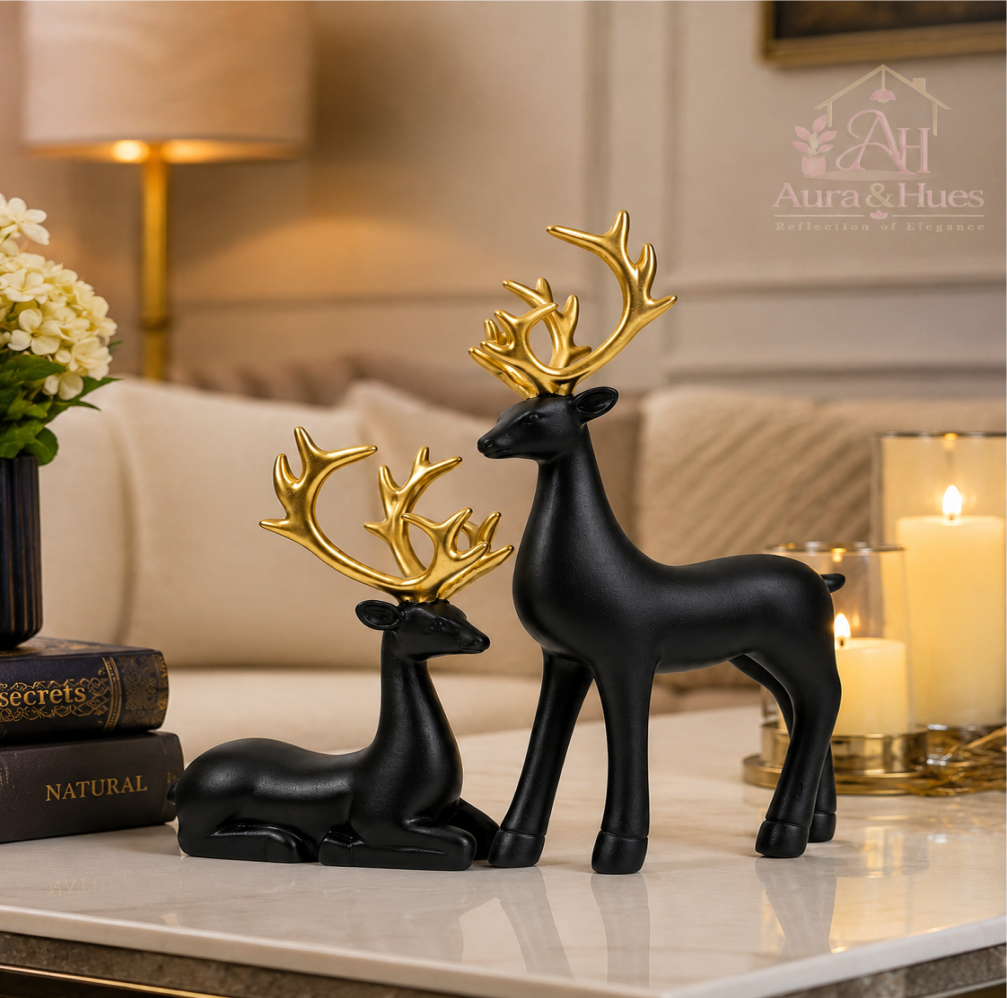 Luxury Black Deer Pair Showpiece Set, Premium Resin Deer Figurines with Golden Antlers