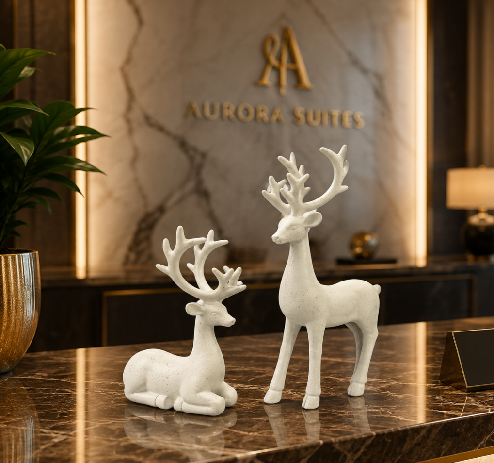 Luxury White Deer Pair Showpiece Set, Premium Resin Deer Figurines